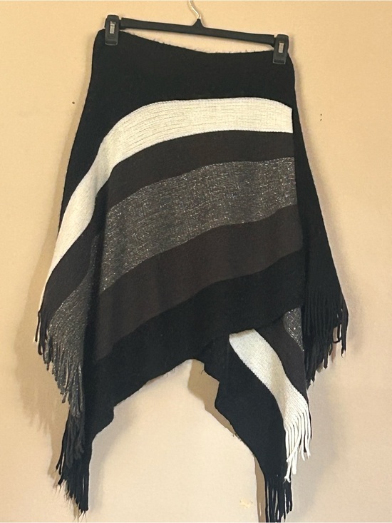 Sweaters - Women’s Black and White Striped Knit Poncho Sweater